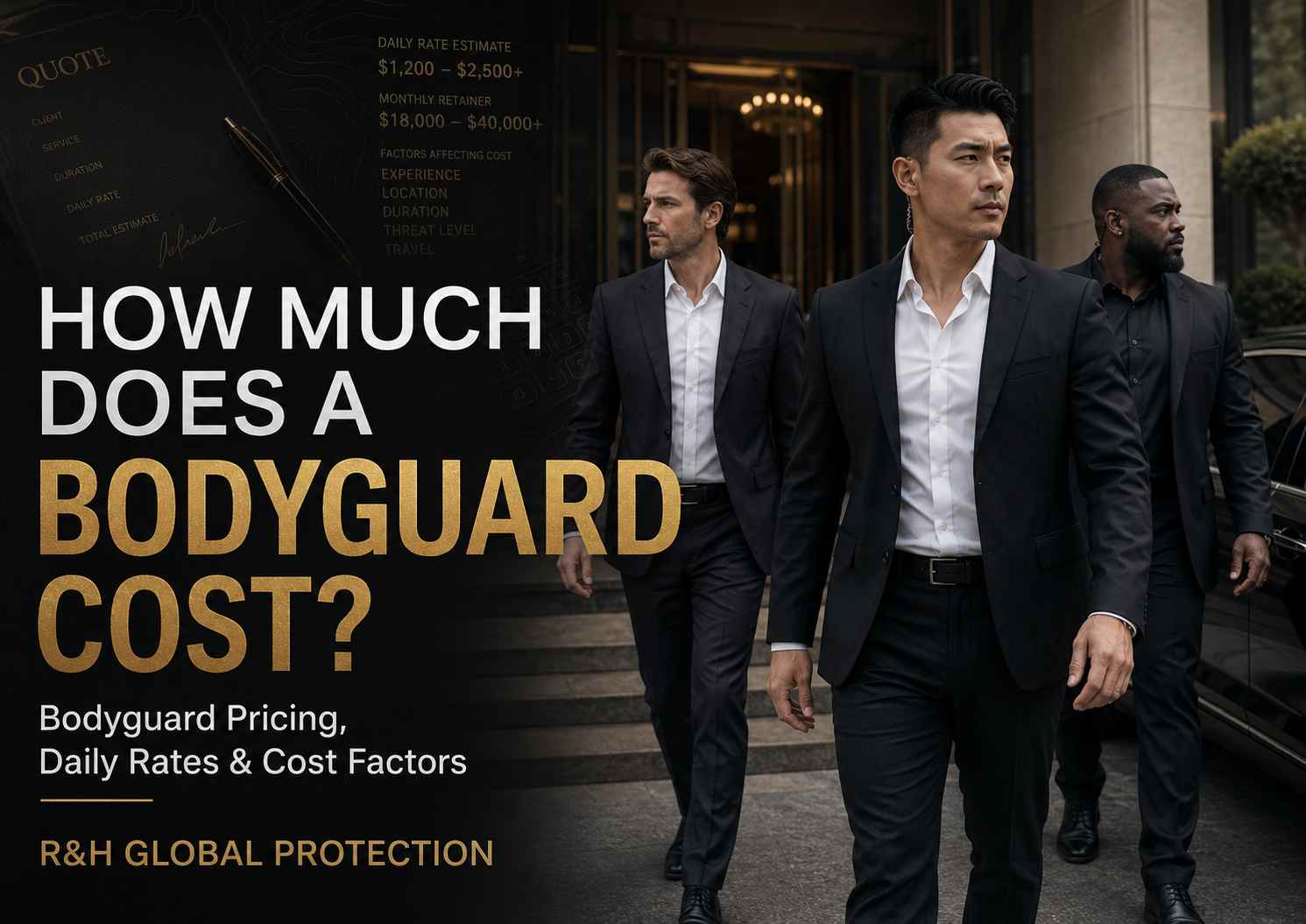How much does a bodyguard cost article banner showing two professional close protection officers escorting a VIP client outside a luxury hotel, with executive protection pricing, bodyguard daily rates, security costs, and cost factors.