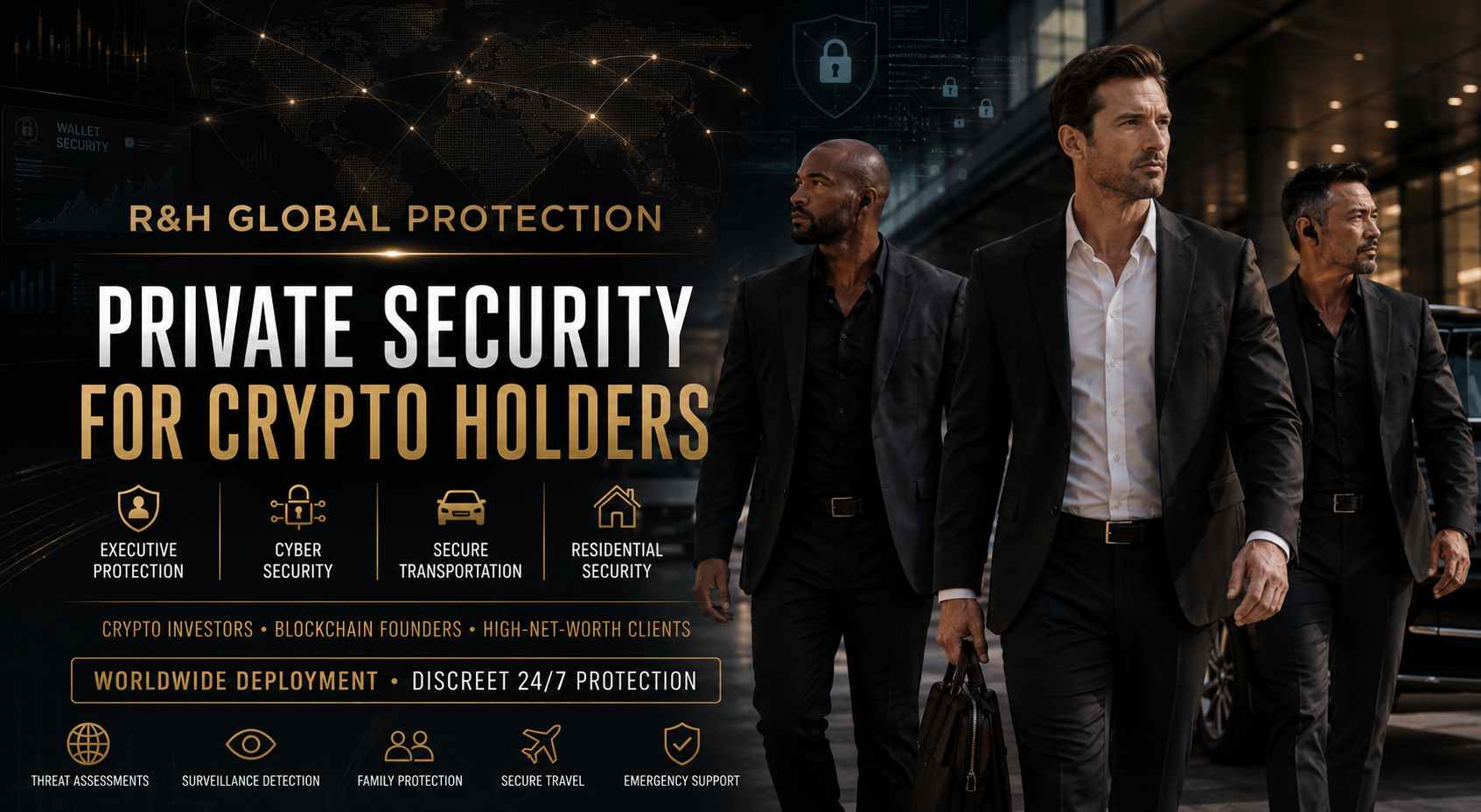 Private security for crypto holders with professional bodyguards providing executive protection, cyber security, secure transportation and residential security for cryptocurrency investors, blockchain founders and high-net-worth clients worldwide.