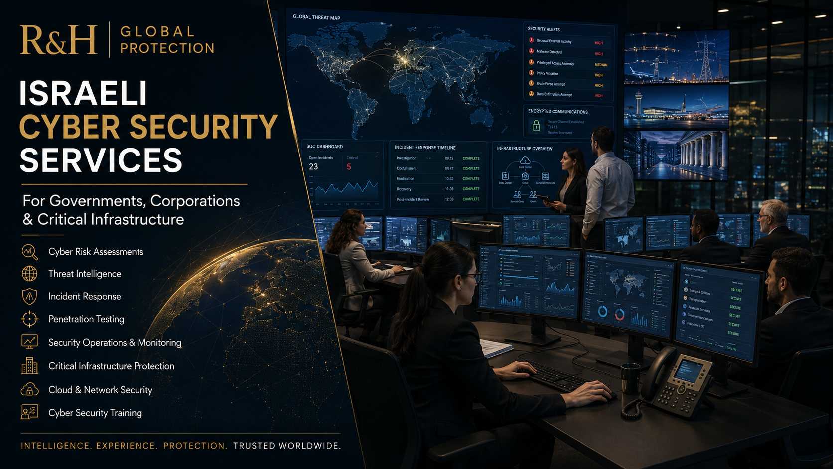 Israeli cyber security services by R&H Global Protection for governments, corporations and critical infrastructure, featuring cyber risk assessments, threat intelligence, incident response, penetration testing, network security and 24/7 security operations monitoring.