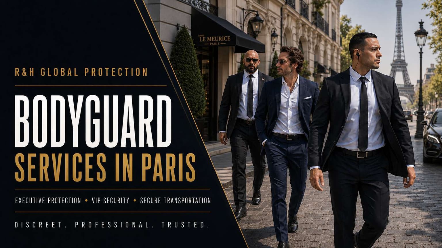 Professional bodyguard services in Paris, France, with discreet executive protection officers providing VIP security and secure transportation.