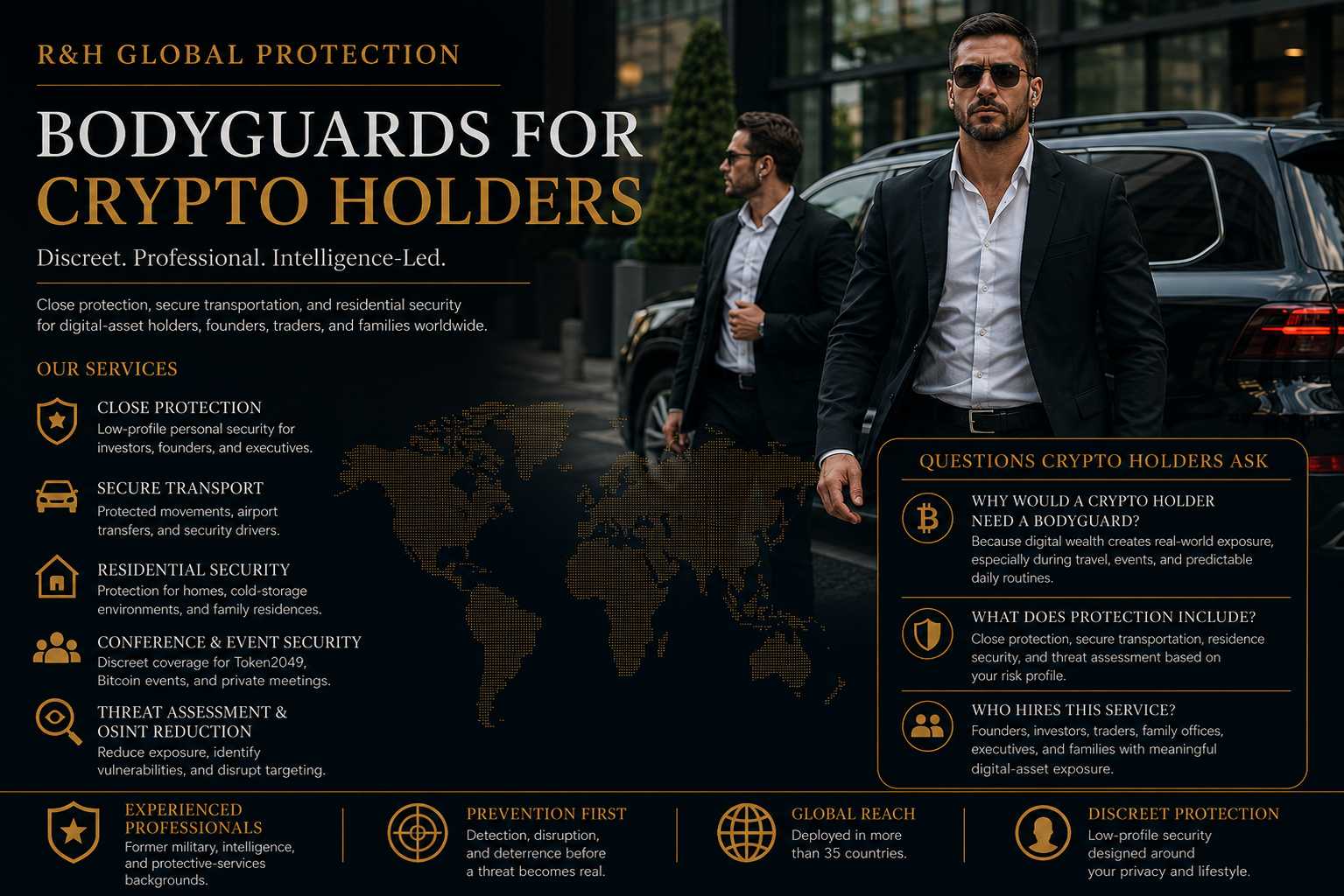 Israeli bodyguards providing discreet close protection, secure transportation, residential security and risk management for crypto holders, investors, founders and digital-asset executives worldwide.