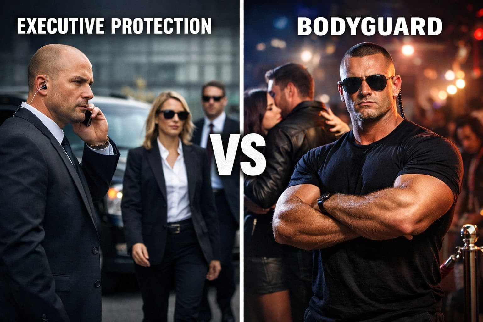 Executive protection team with professional bodyguards and a security driver providing discreet VIP protection, secure transportation, risk assessment and personal security services worldwide.