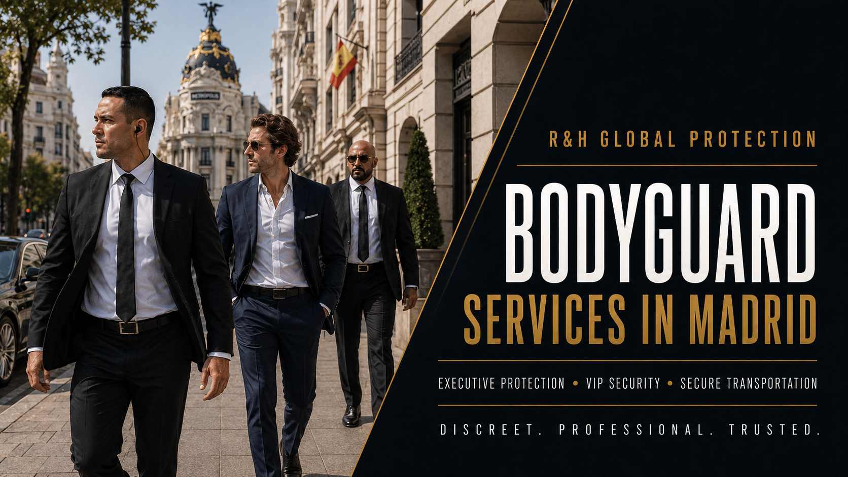 Bodyguard services in Madrid providing discreet executive protection, VIP security, Israeli close protection officers, secure transportation, and tailored risk management for executives, families, diplomats, and international clients.