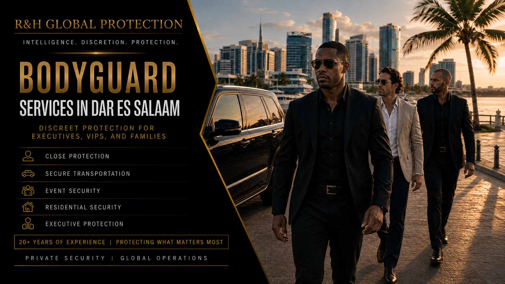 Bodyguard services in Dar es Salaam, Tanzania, with an Israeli close protection officer, executive client, secure transportation, and professional private security team