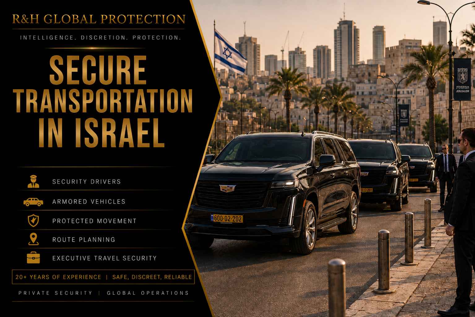 Secure transportation in Israel with a convoy of three armored SUVs, professional security drivers, and protected executive movement in Jerusalem for VIPs, diplomats, and high-risk travelers.