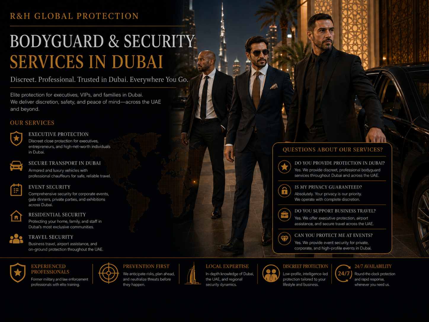 Bodyguard and security services in Dubai banner by R&H Global Protection, showing two professional bodyguards and a VIP beside a luxury vehicle, highlighting executive protection, secure transport, event security, residential security, and travel security in Dubai.