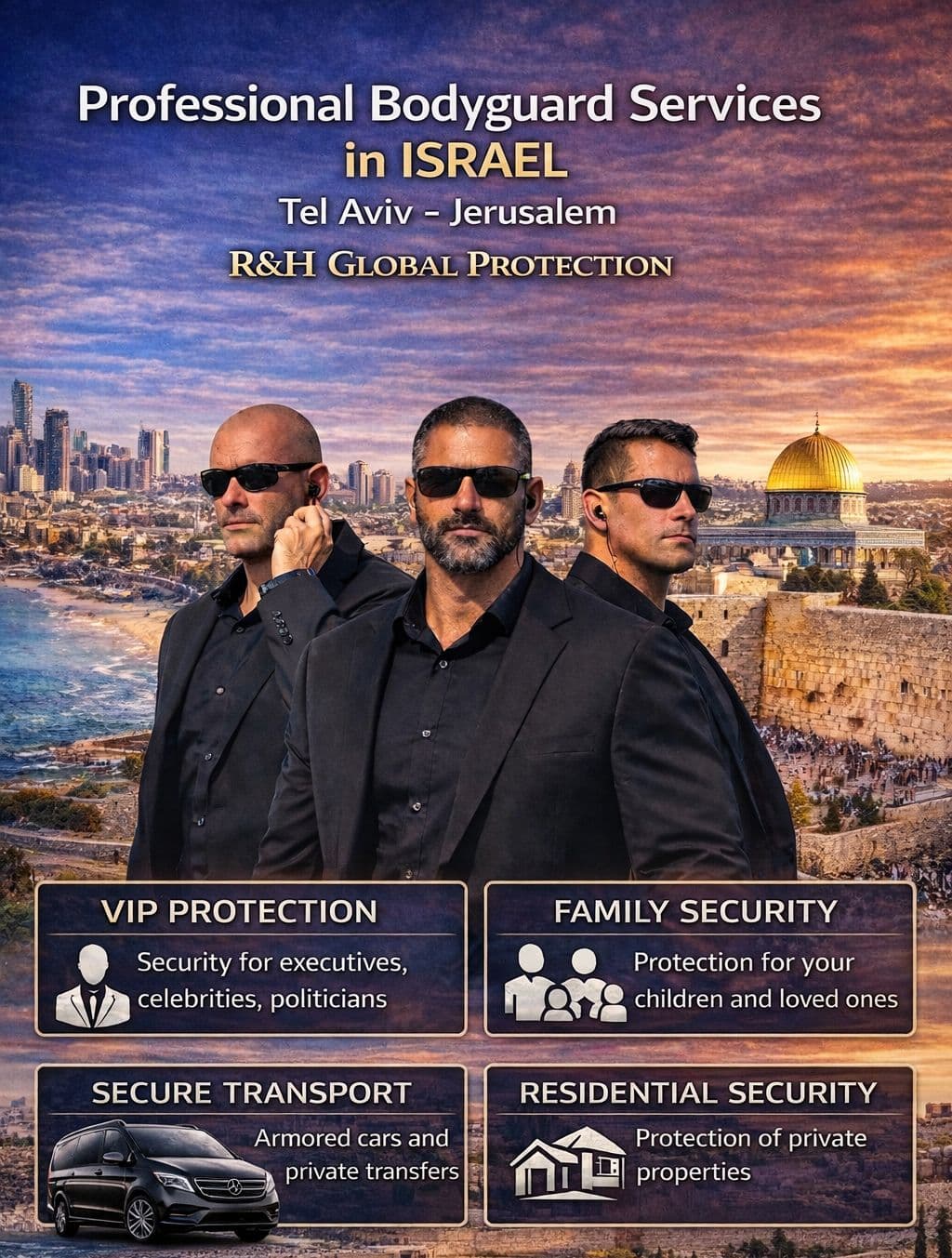 Professional Israeli bodyguards providing discreet executive protection, VIP security, close protection, and secure transportation services for a private client in Tel Aviv, Israel.