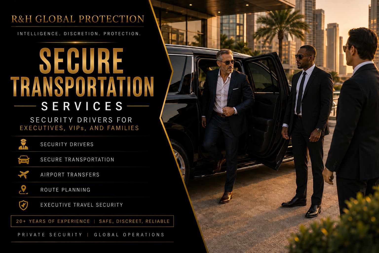 Secure transportation services with professional security drivers assisting an executive from a luxury SUV, with close protection officers in a premium urban setting for VIP travel security.