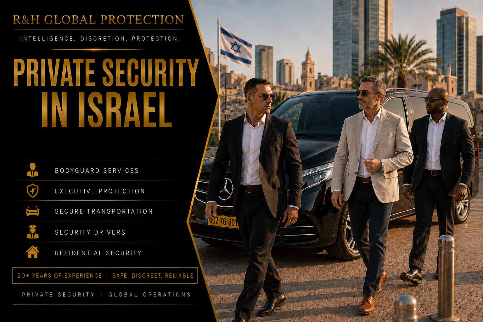 Private security in Israel with two professional bodyguards escorting a client beside a black Mercedes V-Class, showcasing bodyguard services, executive protection, secure transportation, and VIP security in Israel.