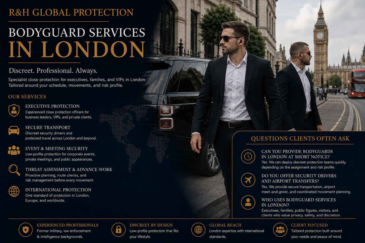 Bodyguard services in London by R&H Global Protection, featuring professional Israeli close protection officers, executive protection, VIP security, secure transport, and a luxury SUV near Big Ben.