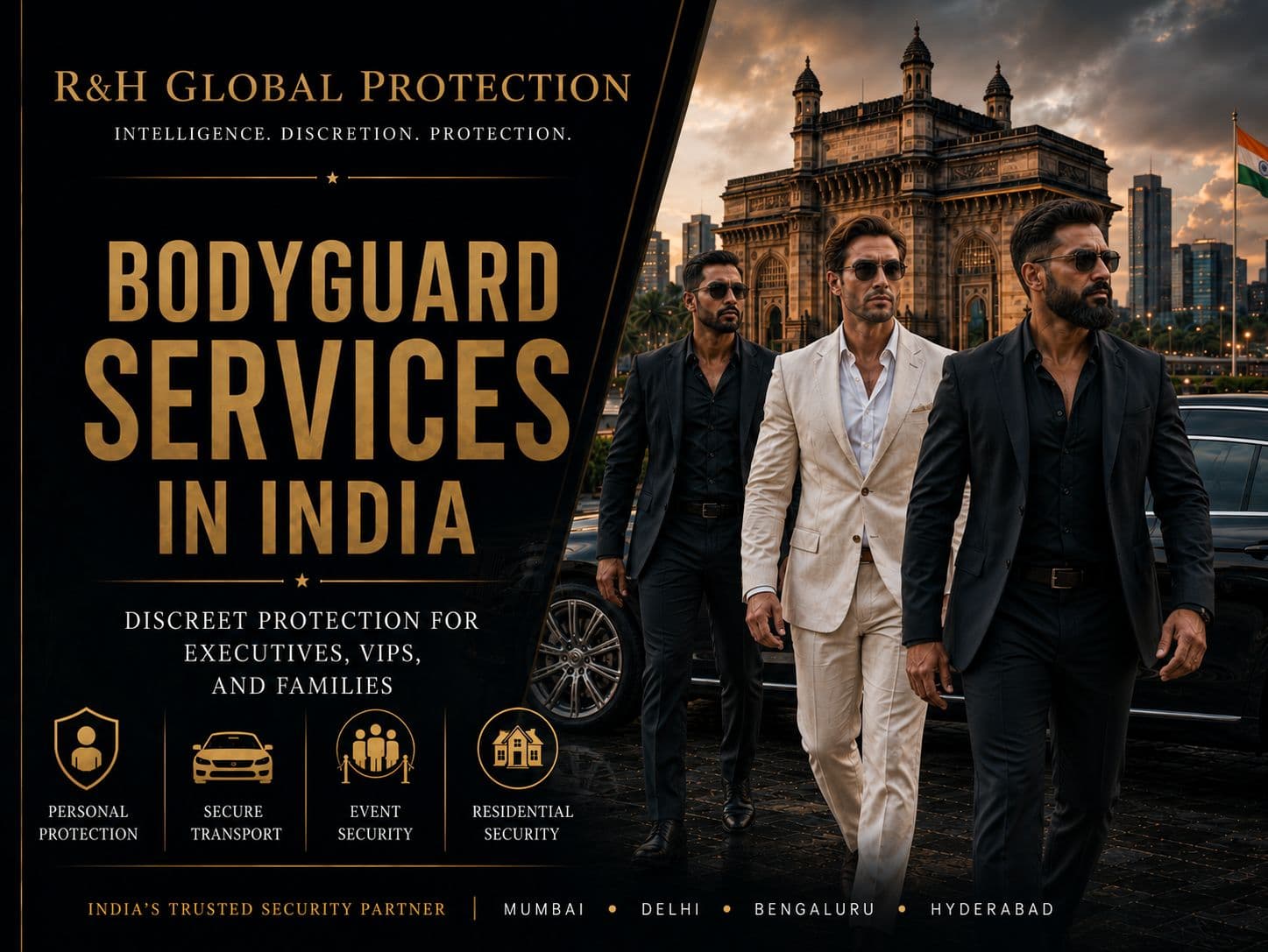 Bodyguard services in India by R&H Global Protection, Israeli executive protection team providing discreet personal security, VIP close protection, secure transport, event security and residential security in Mumbai, Delhi, Bengaluru and Hyderabad