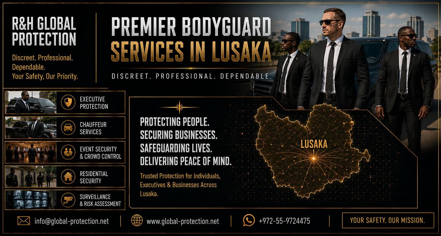 bodyguard services in lusaka - executive protection in zambia - secure transportation - security drivers - close protection agents - residence security - training security - mining security