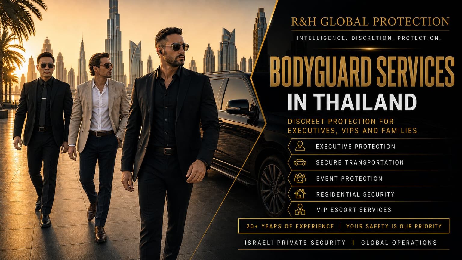 Bodyguard services in Thailand by R&H Global Protection, featuring executive protection, Israeli private security, close protection officers, secure transportation, VIP escort services, event security, residential security, and discreet protection for executives, families, business travelers, and high-net-worth clients in Bangkok, Phuket, Pattaya, Koh Samui, and across Thailand.