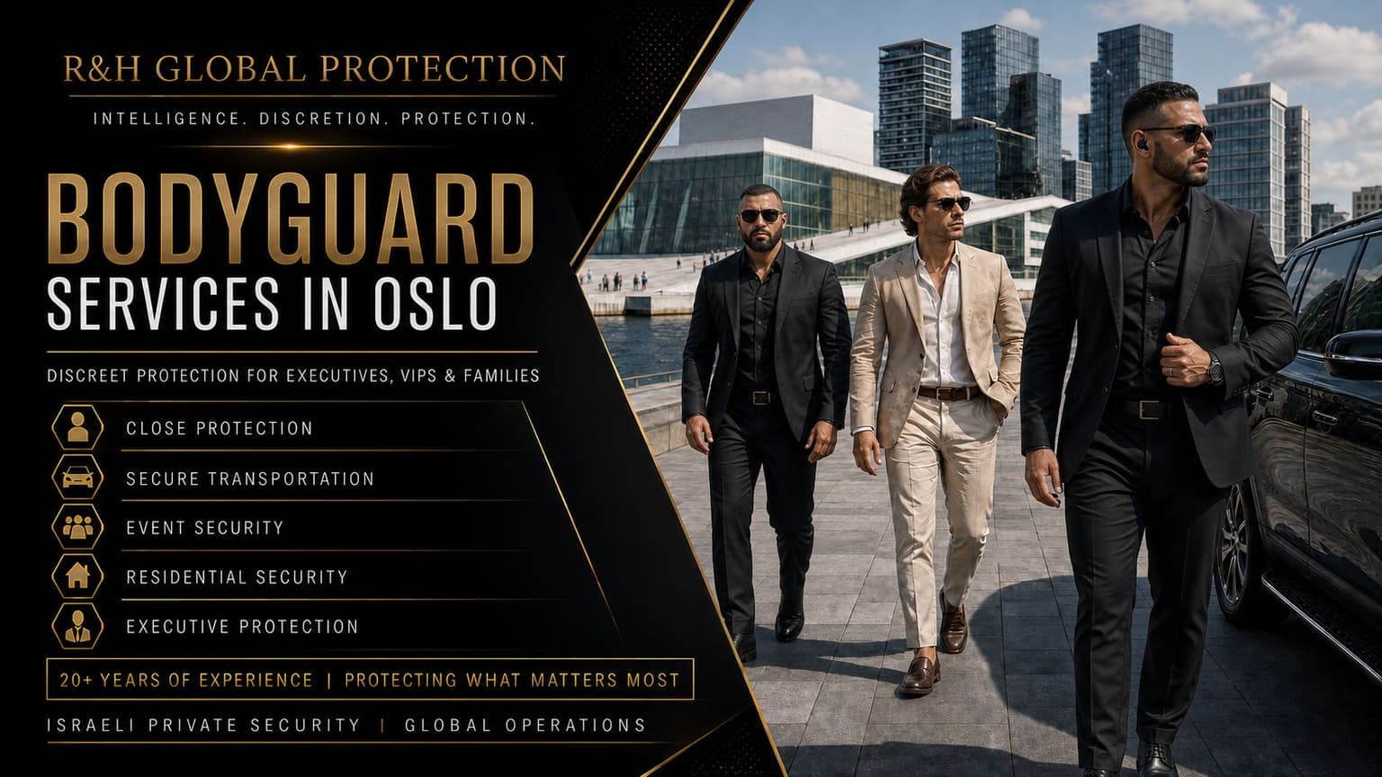 Bodyguard services in Oslo, Norway with Israeli close protection officers, VIP executive protection, secure transportation, residential security and discreet private security for high-profile clients.
