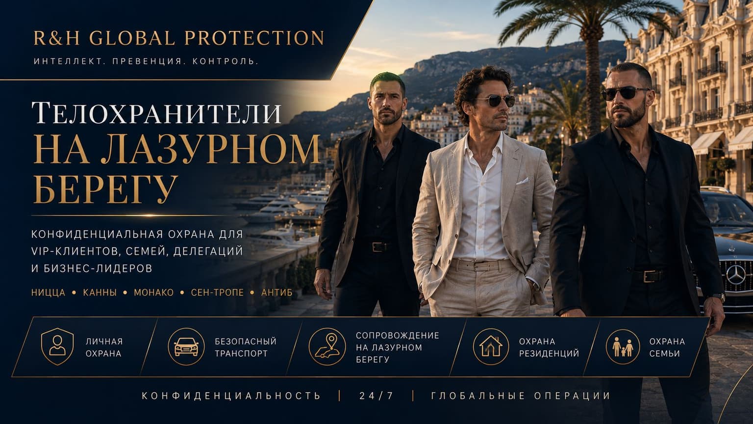 Премиальные услуги личной охраны на Французской Ривьере — телохранители в Ницце, Каннах, Монако, Сен-Тропе и Антибе, защита VIP-клиентов, семей, резиденций и сопровождение по Лазурному Берегу