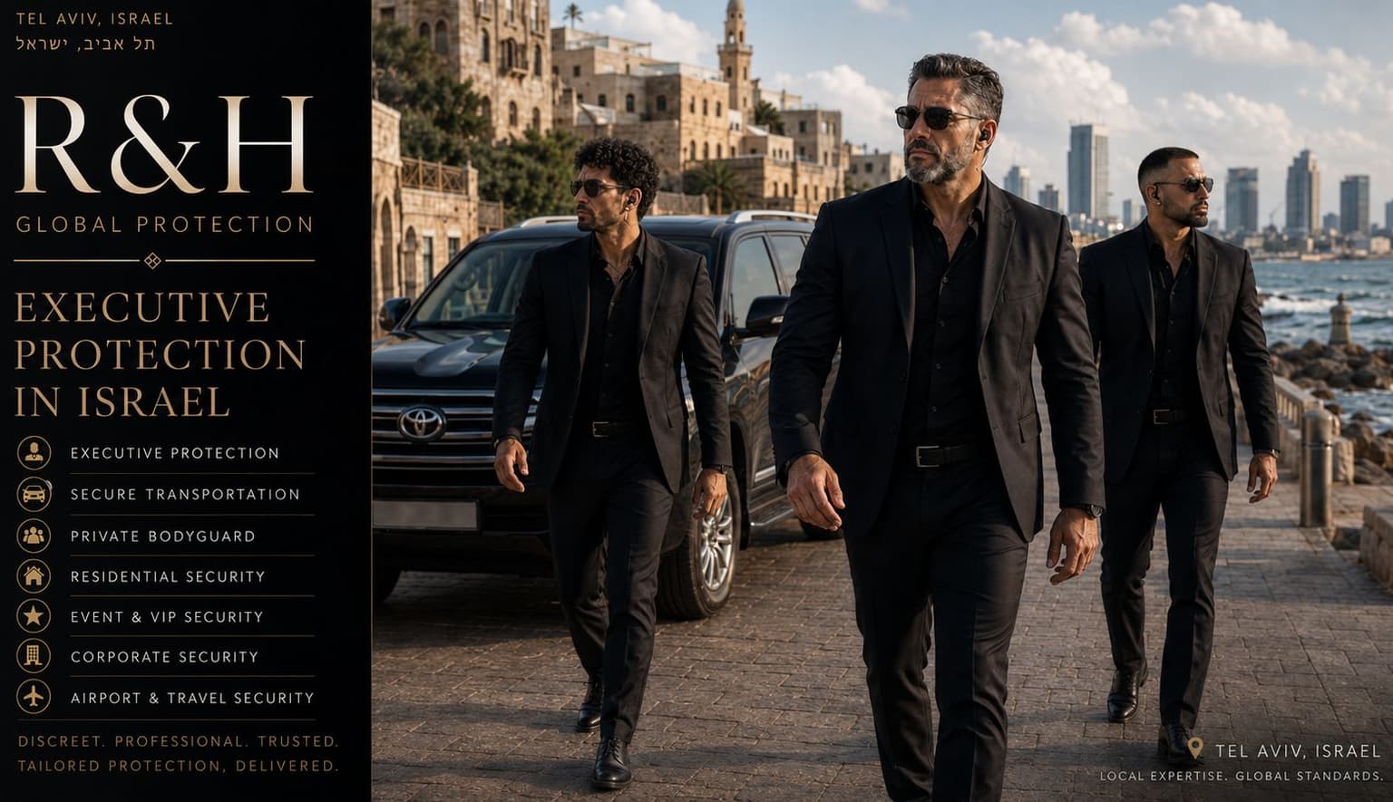 Executive protection in Israel with R&H Global Protection bodyguards providing discreet close protection and secure movement in Tel Aviv