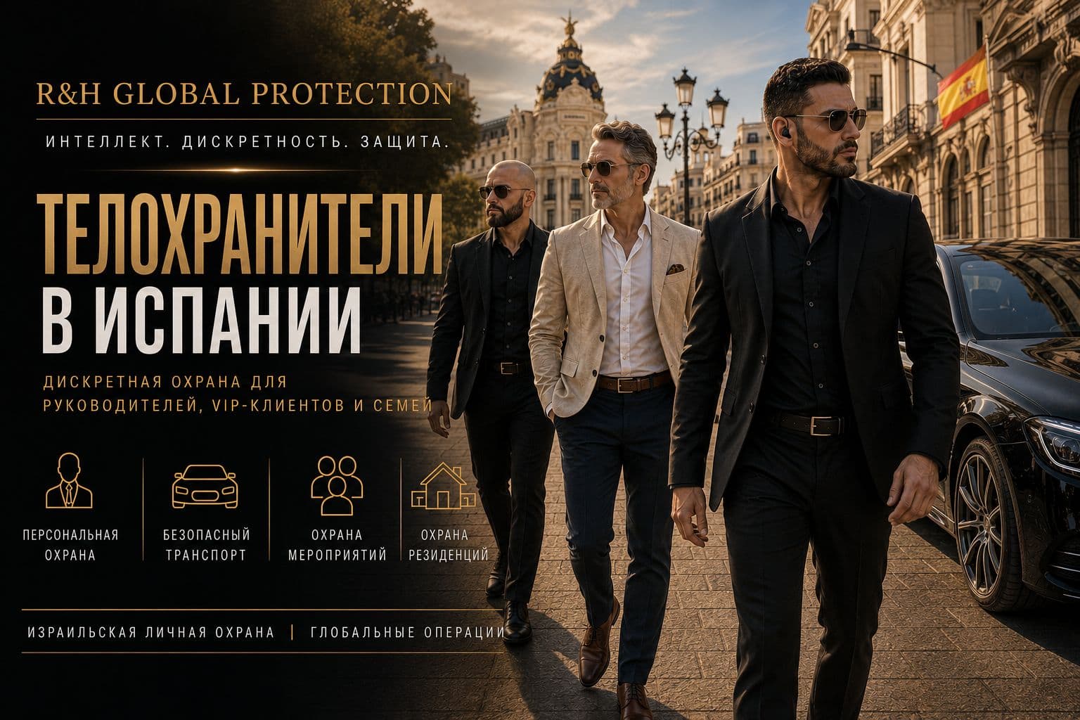 Рекламный баннер R&H Global Protection: телохранители в Испании, израильская личная охрана для руководителей, VIP-клиентов и семей, безопасный транспорт, охрана мероприятий и резиденций.