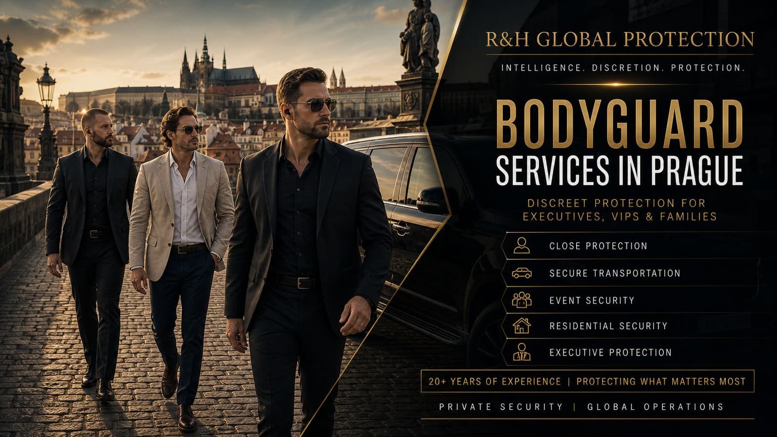 Professional bodyguard services in Prague, Czech Republic, with close protection officers escorting a VIP client near Prague Castle and Charles Bridge, including executive protection and secure transportation.