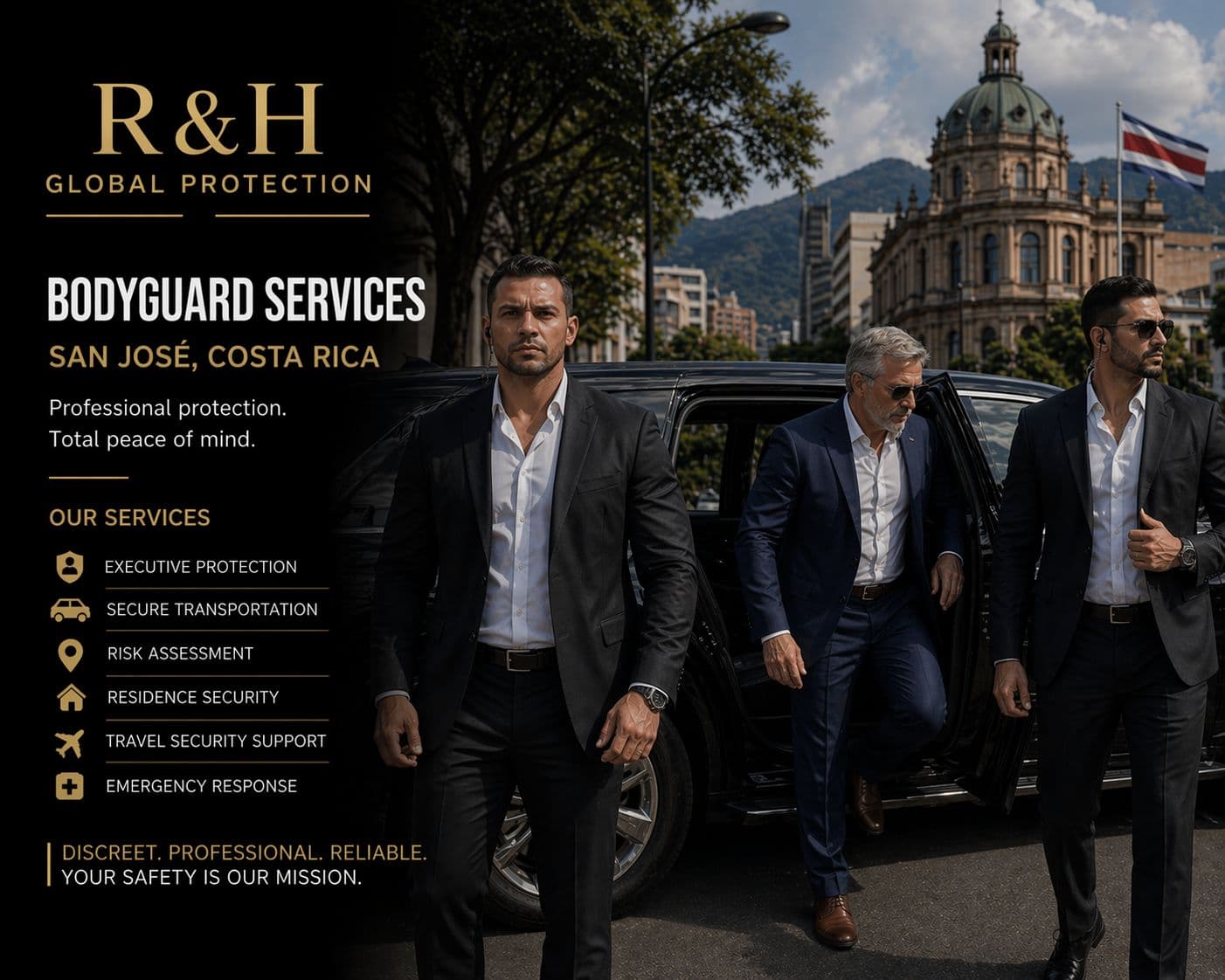 Bodyguard services in San José, Costa Rica by R&H Global Protection, showing two professional bodyguards providing secure transportation as a client exits a black SUV in downtown San José, with executive protection and residence security branding.