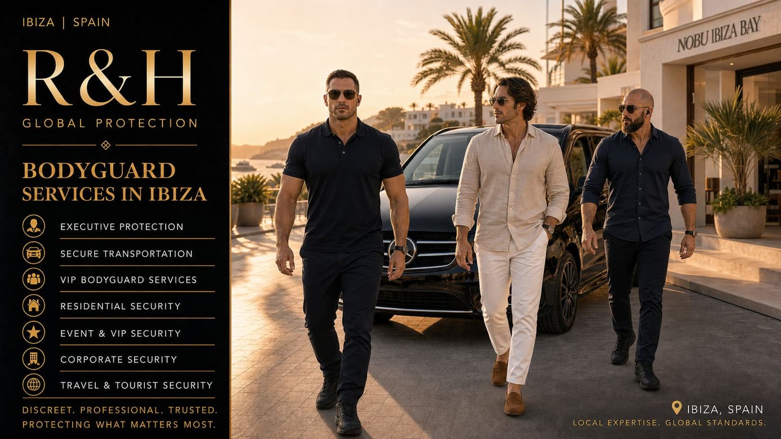 Bodyguard services in Ibiza, Spain, with R&H Global Protection close protection officers providing VIP security, secure transportation, residential security, villa, yacht, nightlife and executive protection