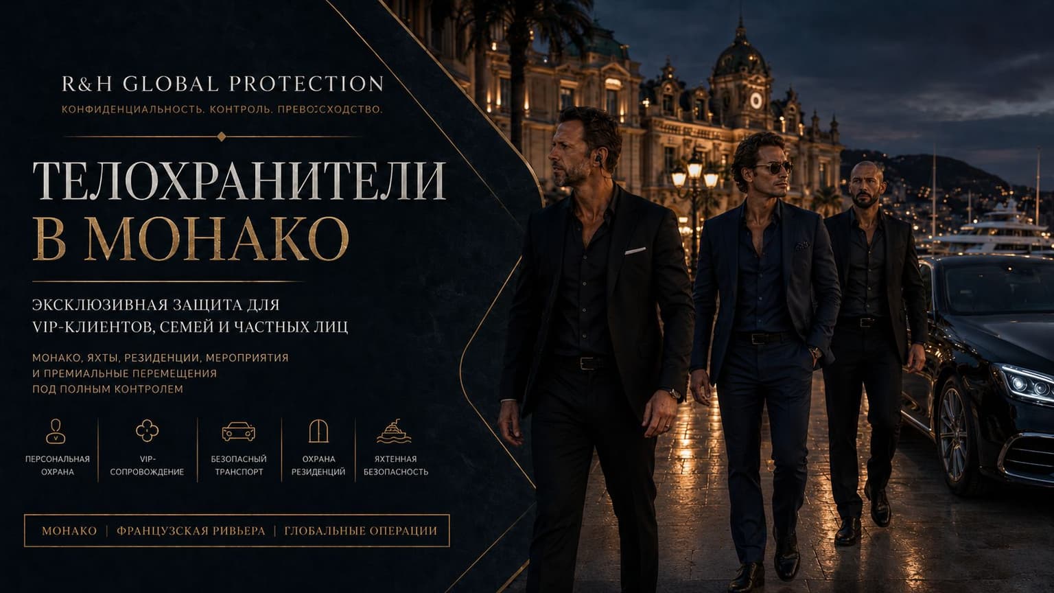Профессиональные телохранители в Монако, персональная охрана для VIP-клиентов, семей и частных лиц, VIP-сопровождение, безопасный транспорт, охрана резиденций и яхтенная безопасность на Французской Ривьере.