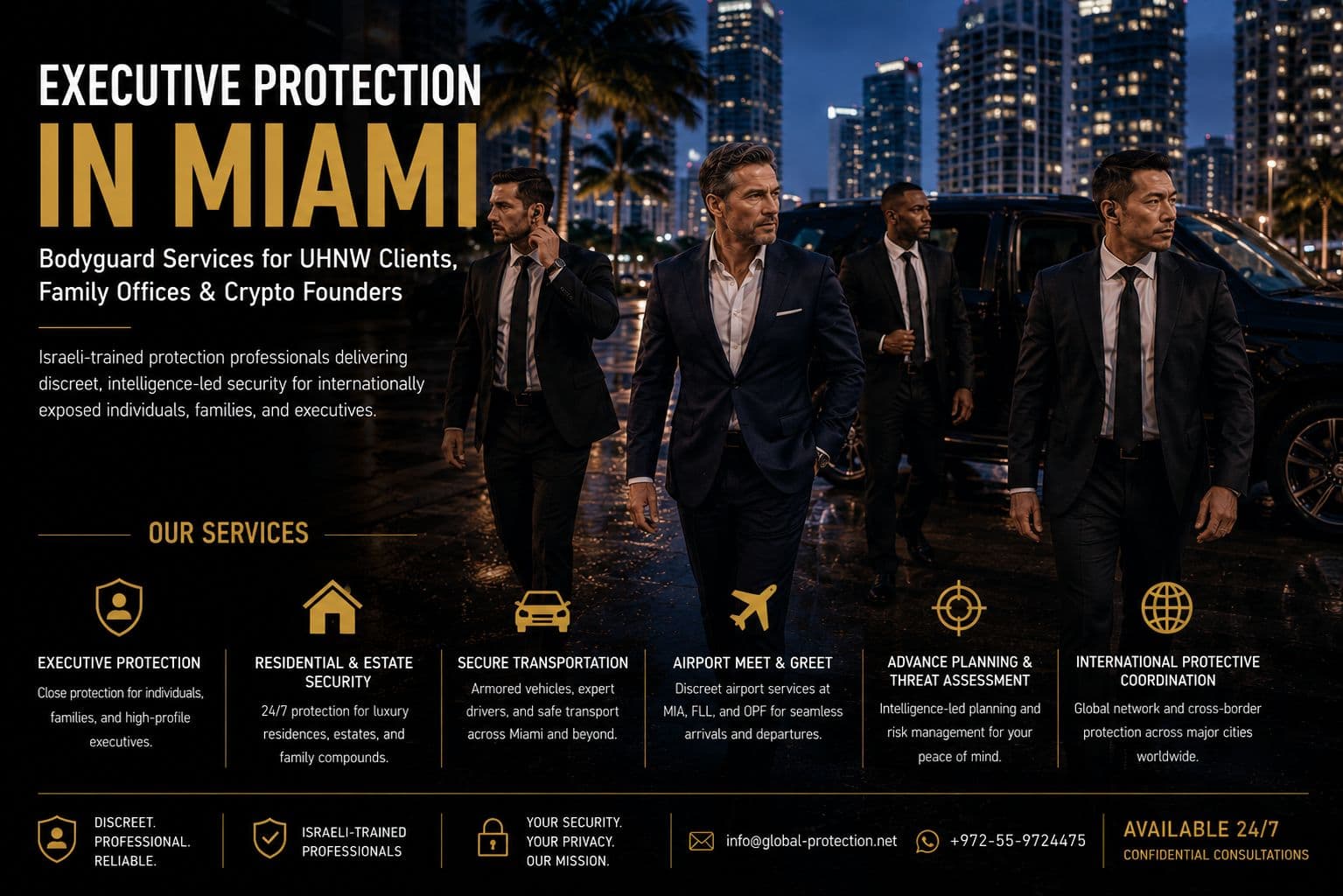 bodyguard services in miami - executive protection - secure transportation in miami - security drivers - close protection officer - security consulting in miami - residence protection - yacht security - marina - private security