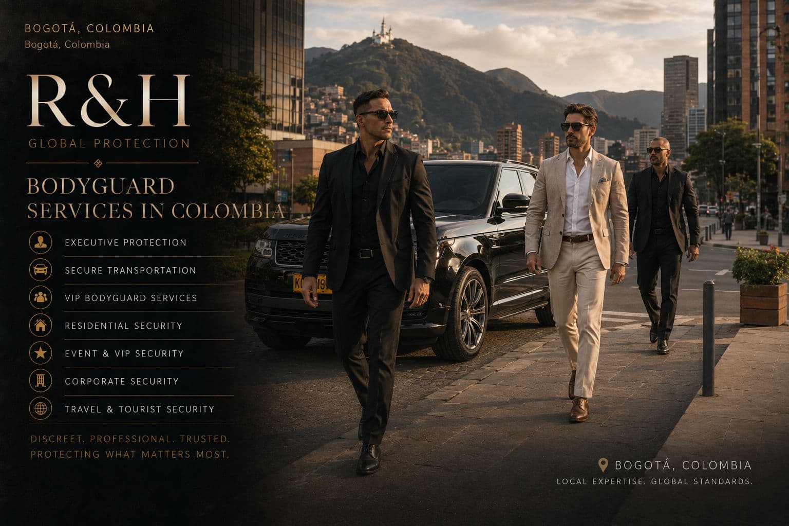 R&H Global Protection bodyguard services in Bogotá, Colombia, including executive protection, VIP security, and secure transportation.
