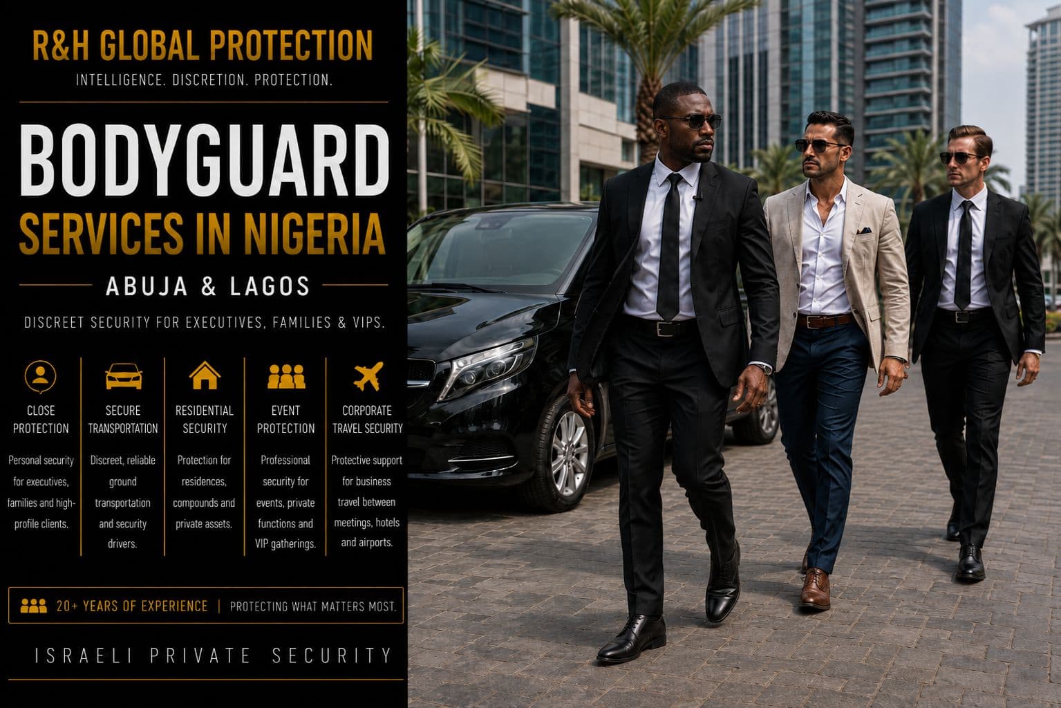 Bodyguard services in Abuja and Lagos, Nigeria, showing executive protection operatives, secure transportation, and VIP close protection by R&H Global Protection.