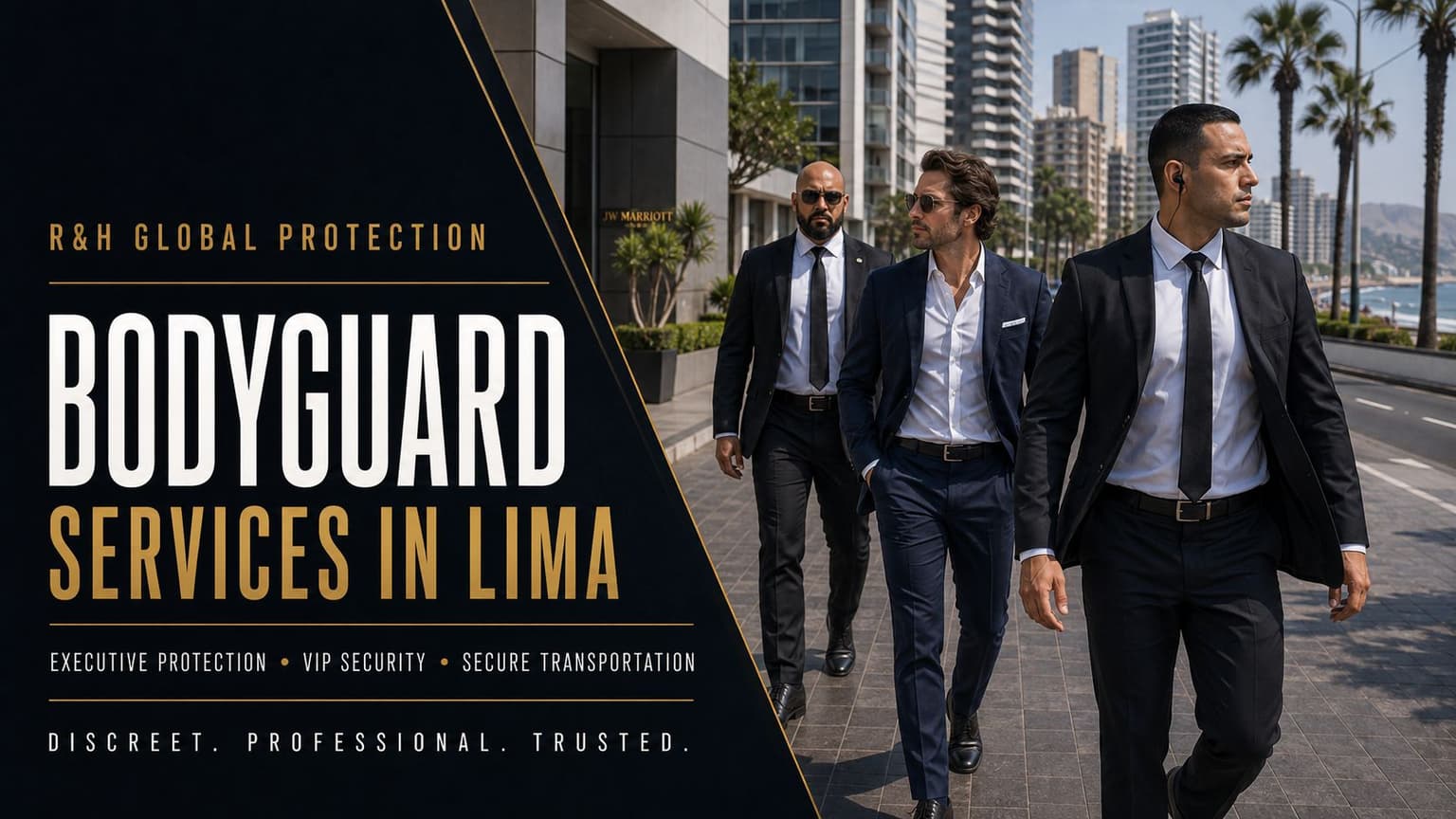 Executive protection and bodyguard services in Lima, Peru with two professional security officers escorting a VIP client near Miraflores and Costa Verde, including close protection, secure transportation, private security and VIP security services.