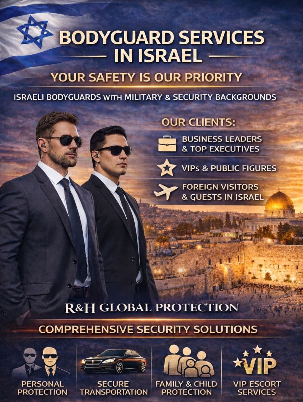 Israeli bodyguard services in Tel Aviv for executive protection, VIP security, close protection, secure transportation, and private security in Israel