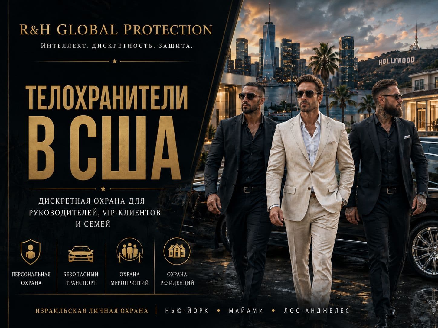 Телохранители в США от R&H Global Protection — дискретная израильская личная охрана, безопасный транспорт, охрана мероприятий и резиденций для VIP-клиентов, семей и руководителей в Нью-Йорке, Майами и Лос-Анджелесе