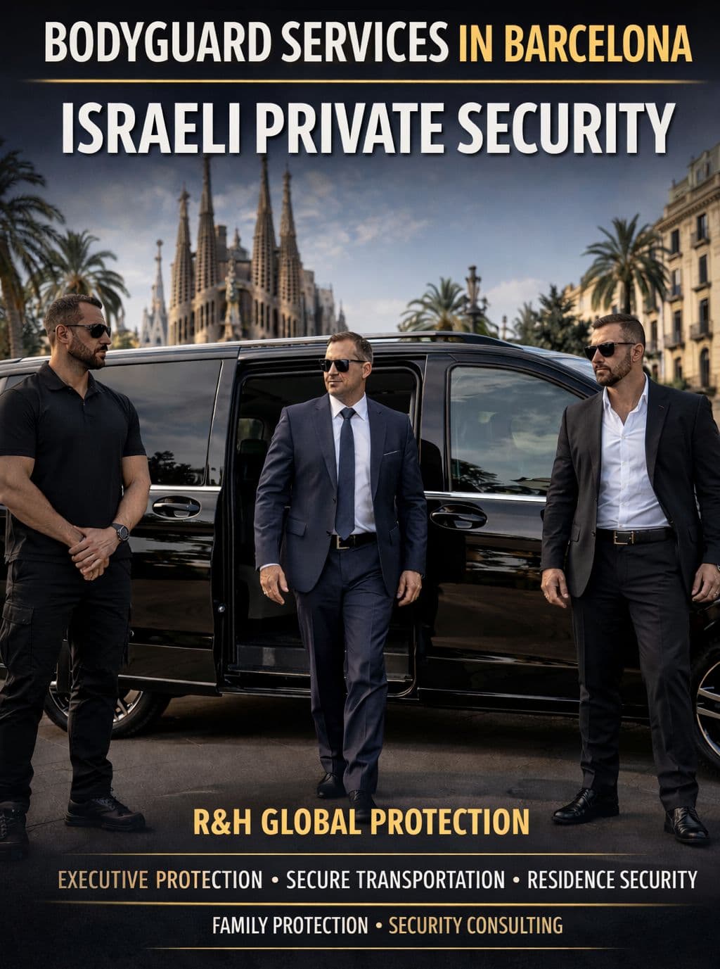 Bodyguard services in Barcelona - two professional bodyguards escorting a suited client exiting a black Mercedes V-Class, Sagrada Familia in background, Israeli private security, executive protection and secure transportation by R&H Global Protection.