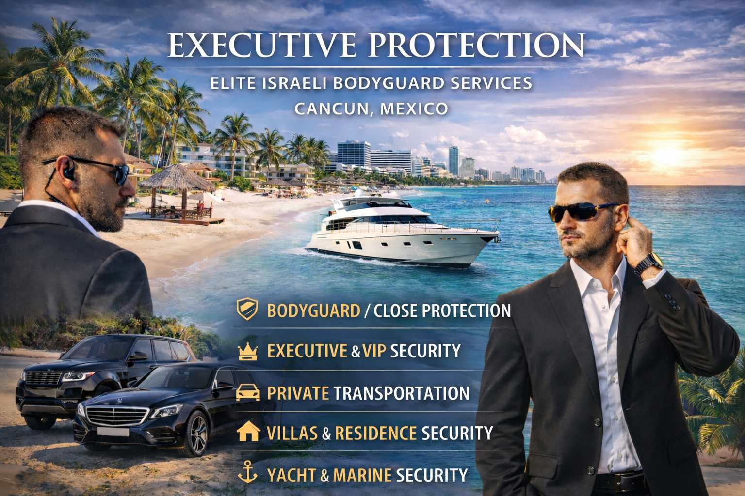 Executive protection services in Cancun, Mexico with Israeli bodyguards, luxury vehicles, yacht security, private transport and VIP close protection on beachfront skyline background.