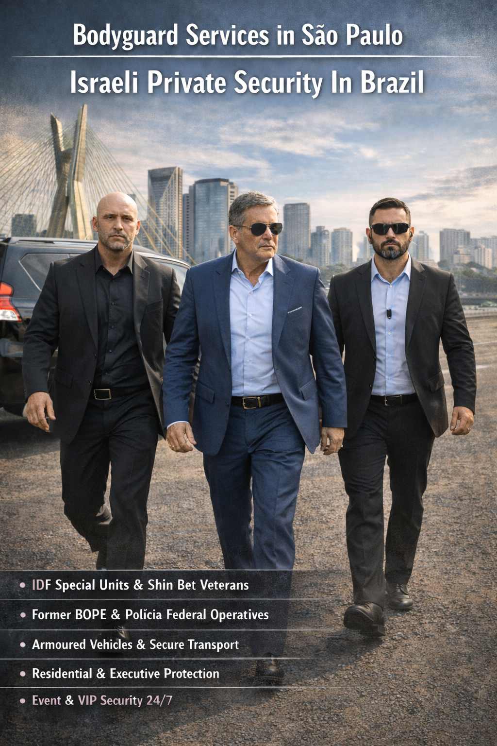 Bodyguard Services in São Paulo - israeli private security in Brazil - secure transportation - armored car - armored bodyguard - executive protection - security training