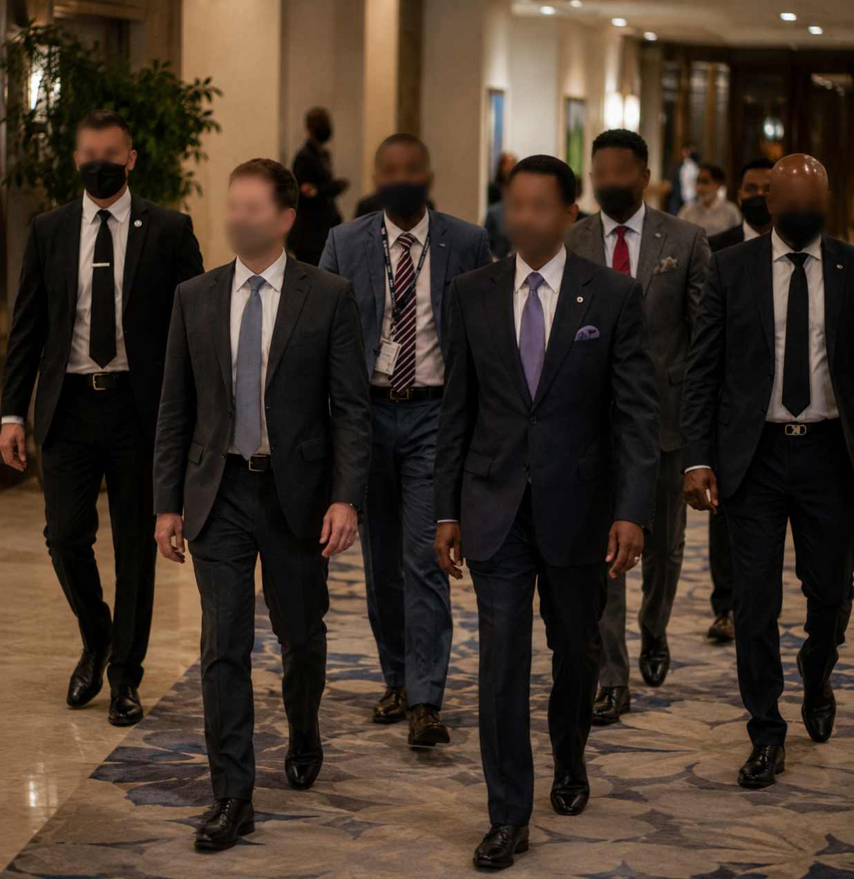 Close protection team escorting an official delegation during a representative security engagement