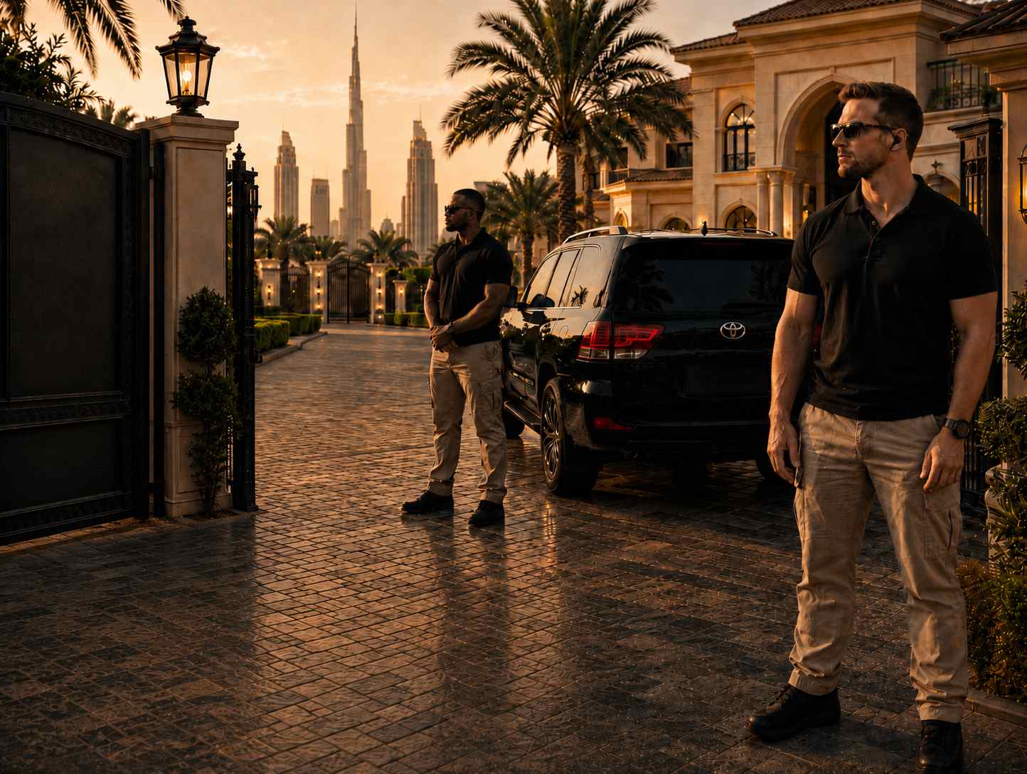Protected luxury villa under residential-security watch at dusk