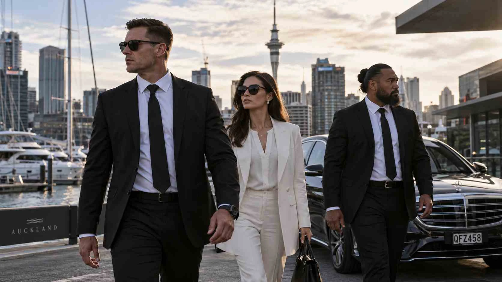 Professional bodyguards accompanying a private client in Auckland, New Zealand