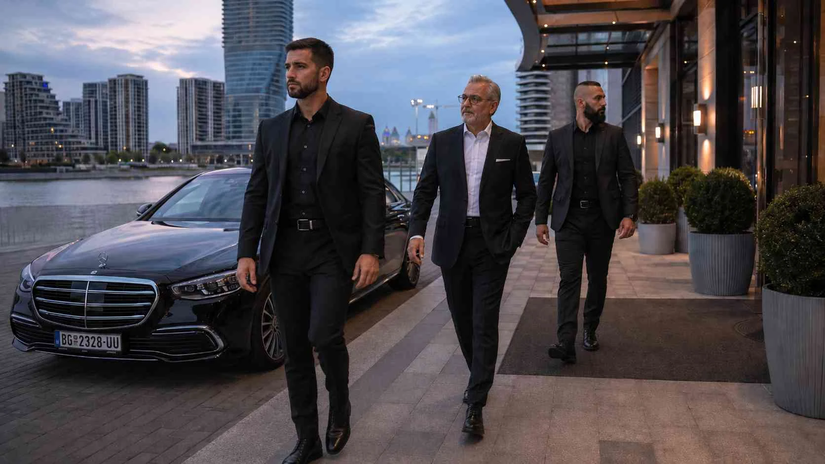 Executive protection team coordinating a business detail in Belgrade, Serbia