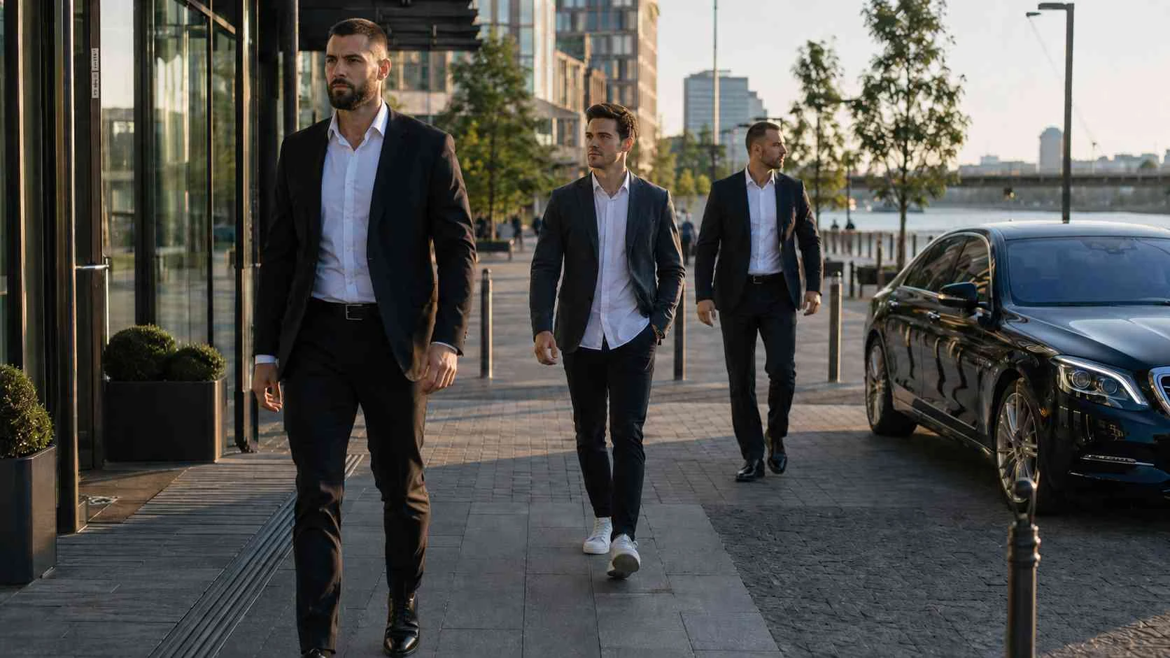 Close protection team coordinating executive movement in Bratislava, Slovakia