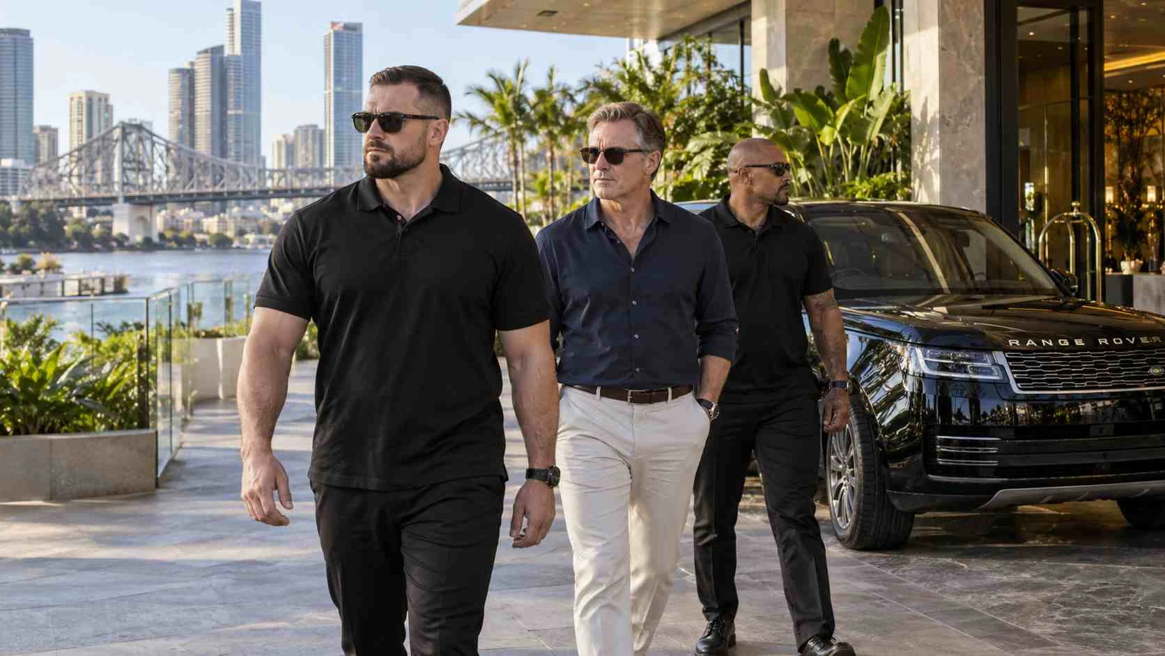 Executive protection bodyguards walking with a private client in Brisbane, Australia