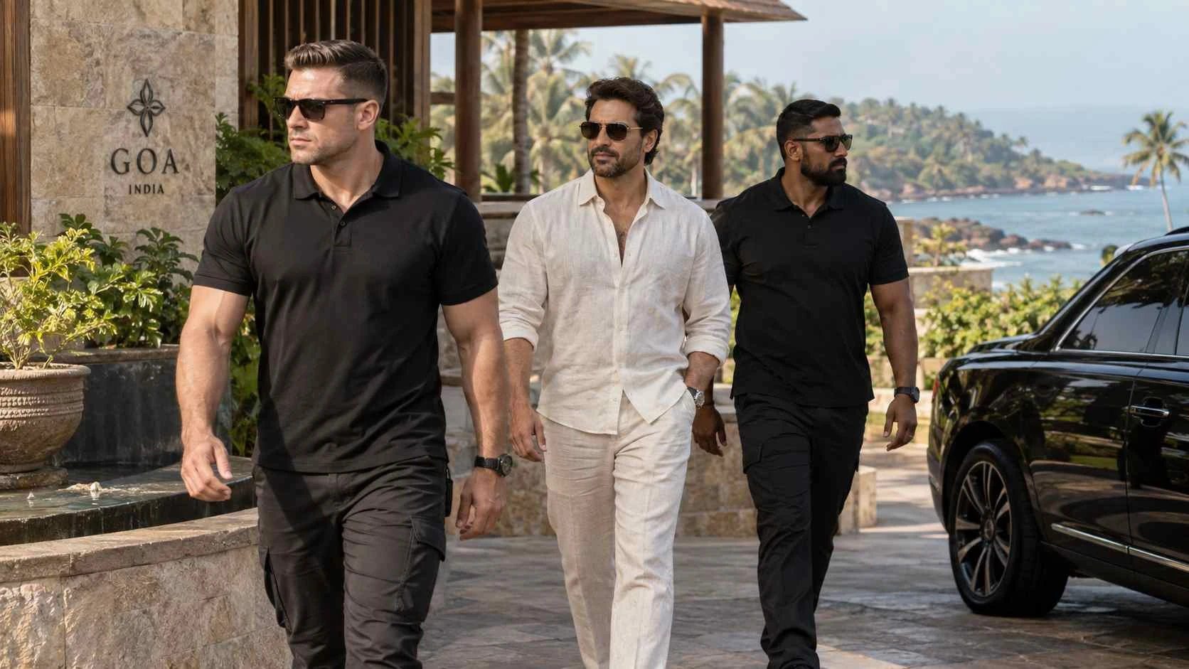 Discreet close protection officers accompanying a VIP client at a luxury destination in Goa, India