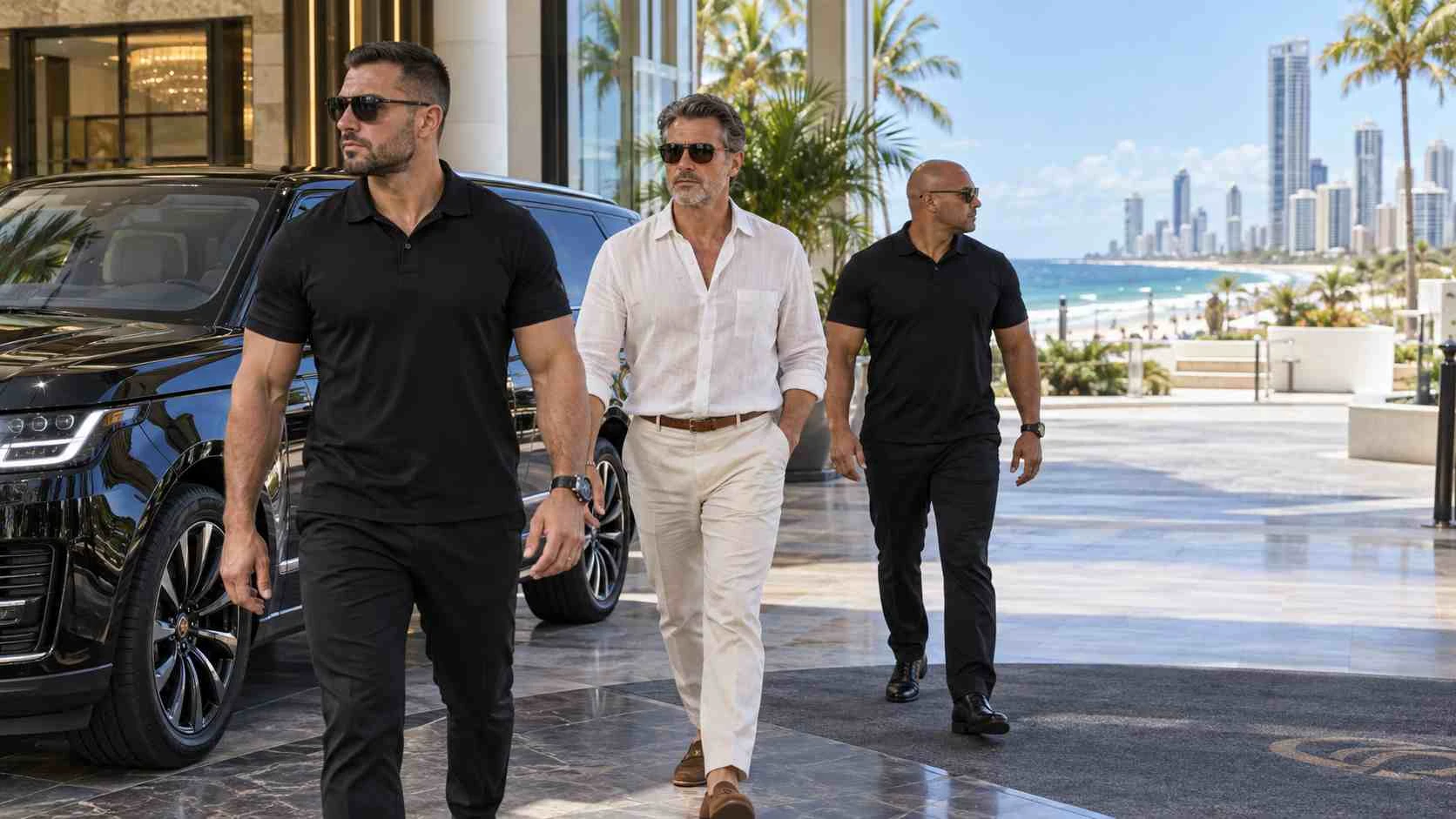Discreet executive protection bodyguards accompanying a private client on the Gold Coast, Australia
