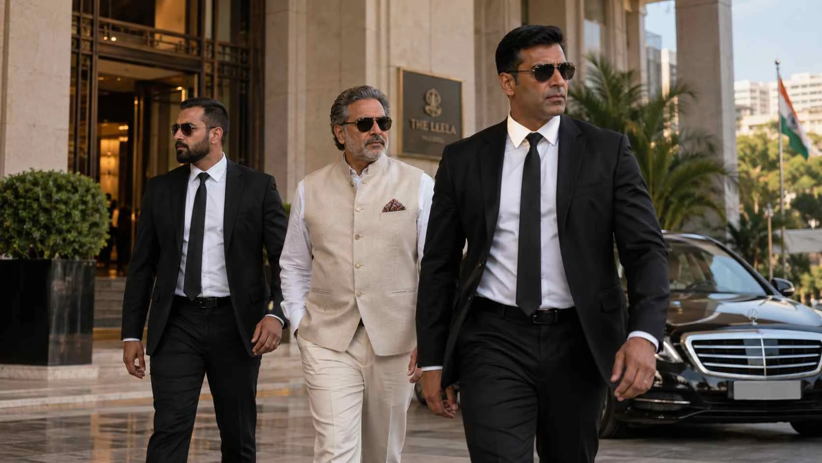 Professional executive protection team supporting a private client during travel in India