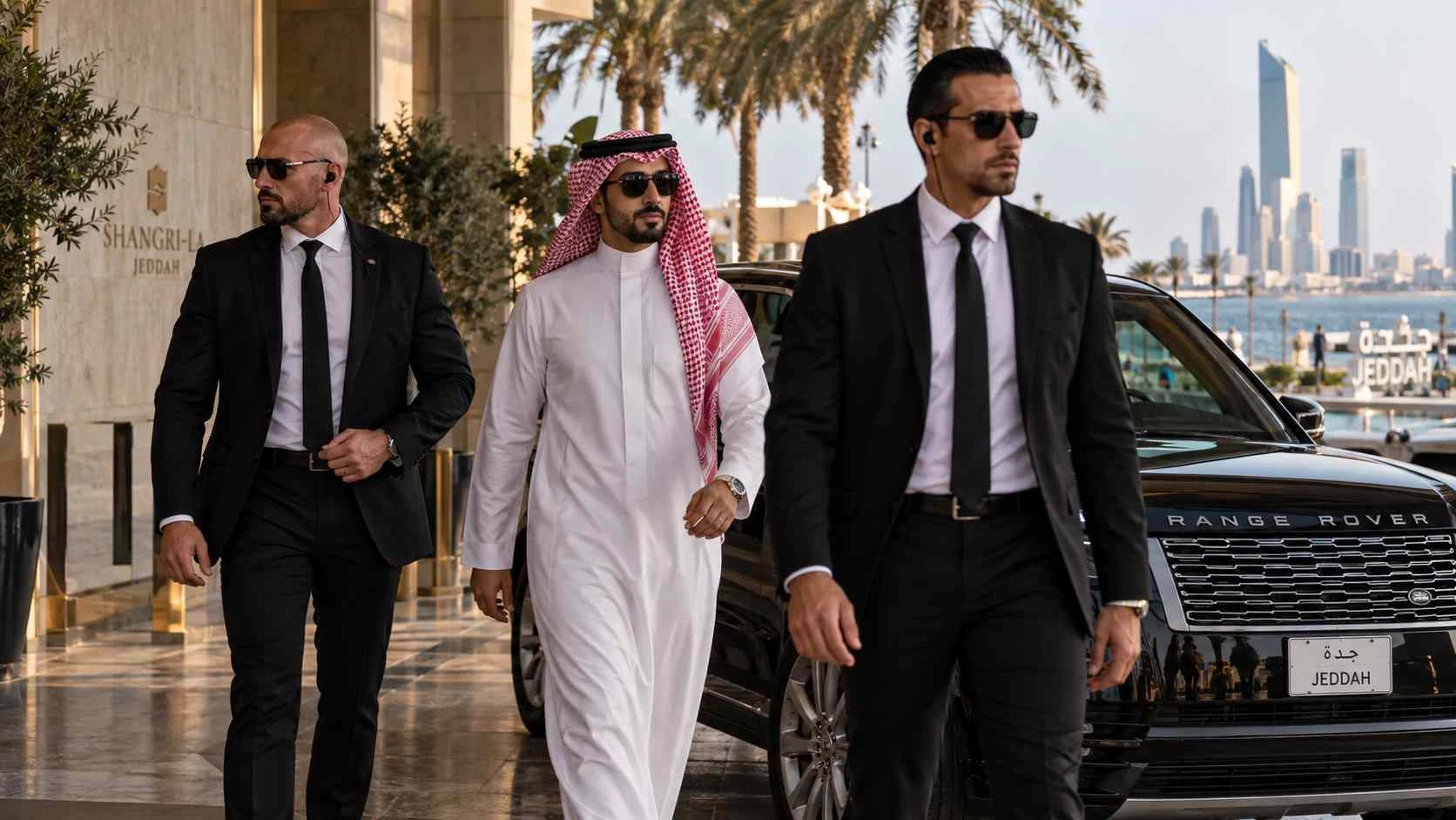Executive protection team accompanying a private client in Jeddah, Saudi Arabia