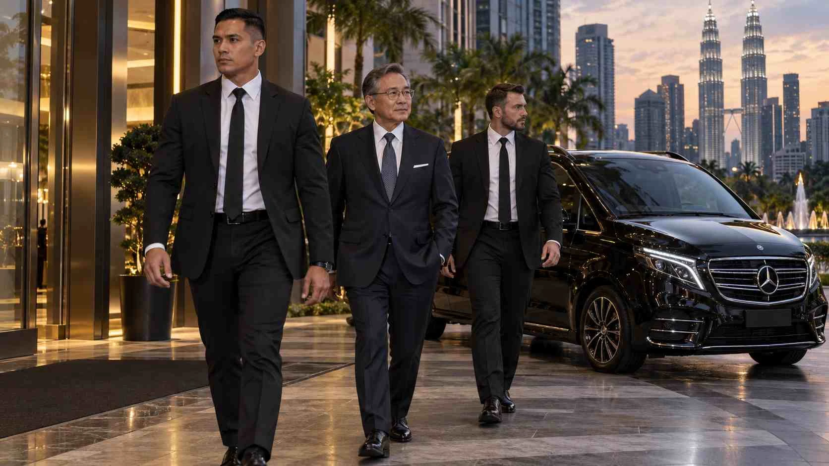 Executive protection bodyguards accompanying a private client in Kuala Lumpur, Malaysia