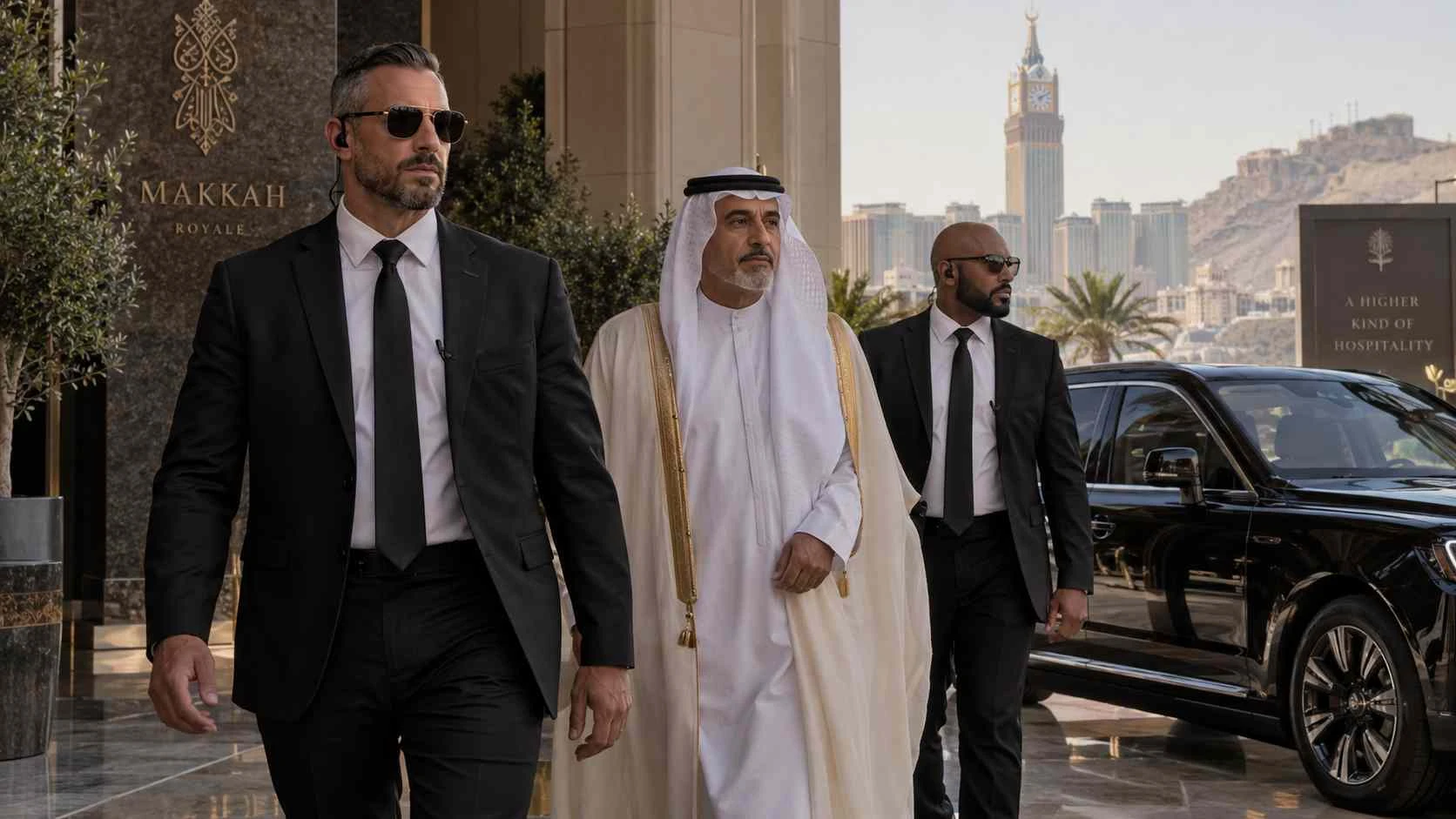 Executive protection team accompanying a private client in Mecca, Saudi Arabia