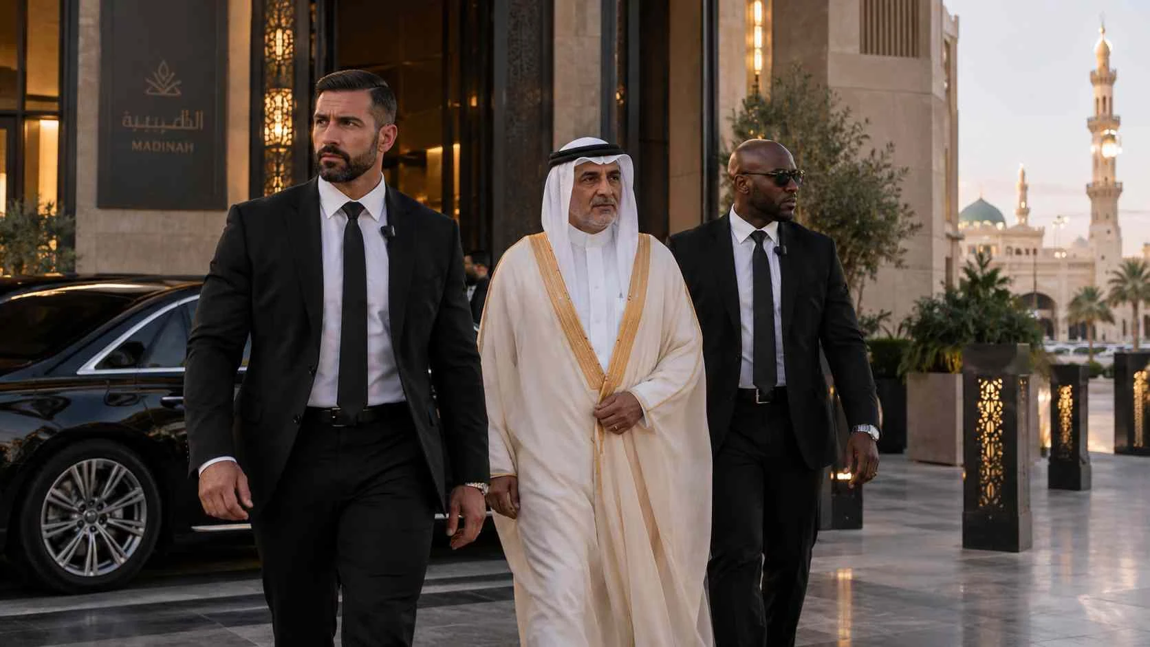 Executive protection team accompanying a private client in Medina, Saudi Arabia