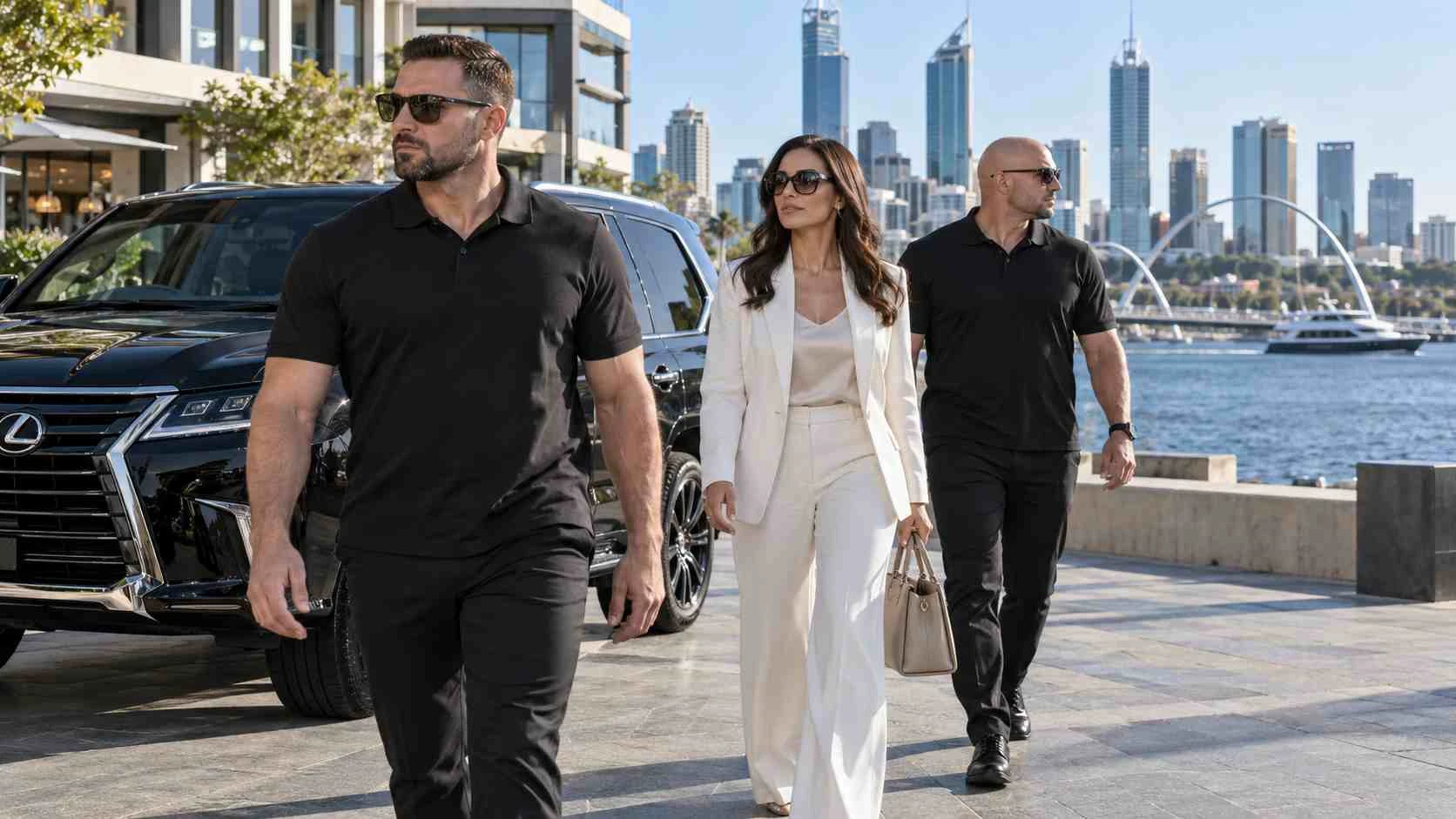 Professional bodyguards providing executive protection to a private client in Perth, Australia