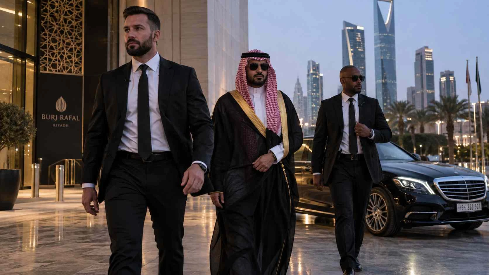 Executive protection team accompanying a private client in Riyadh, Saudi Arabia