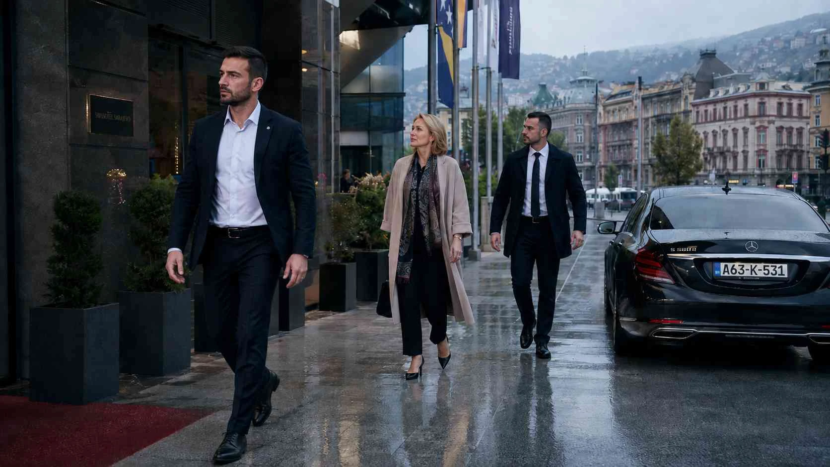 Close protection officer supporting a private client in Sarajevo, Bosnia and Herzegovina
